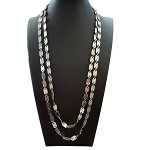 Vintage Flat Disc Necklace Extra Long Chain Link 56 in Silver Tone Metal Layered